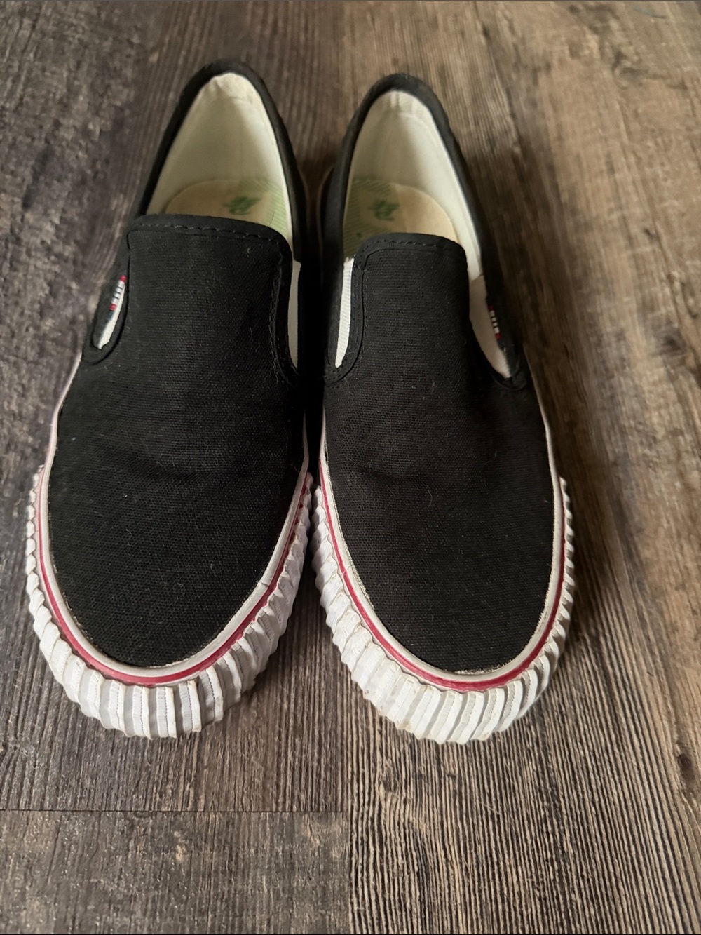 P.F. Flyers Black Slip-On Canvas Flats with White & Red Trim